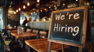 A chalkboard sign saying 'We're Hiring' in a dimly lit restaurant with wooden tables, illustrating the concept of seasonal staff turnover.