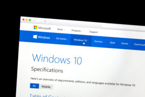 Microsoft website showing Windows 10 specifications and features, illustrating the end of Windows 10.