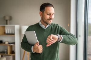 A man in a green sweater and collared shirt checks his smartwatch while holding a laptop, standing in a bright indoor office setting. The scene emphasizes time management and productivity, aligning with the theme of time tracking and billing software for small business owners in professional services.